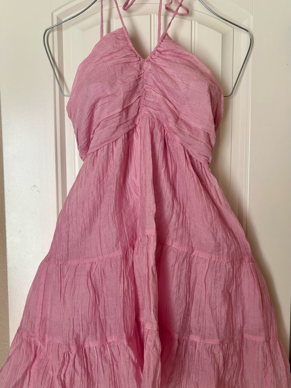 Pink Lily Pink Halter Tiered Halter Mini Dress Ruched Babydoll Boho Size M